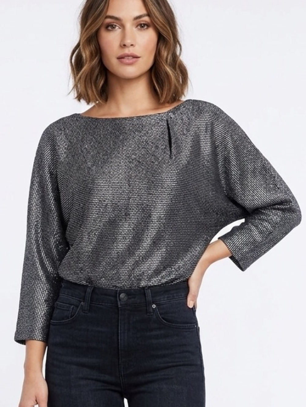 KORET Vintage Metallic Shimmery Shiny Top Sparkly Bat Wing Sleeves Medium